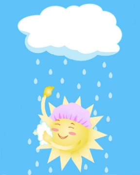 Cartoon sun in pink shower cap taking a shower under a rain cloud